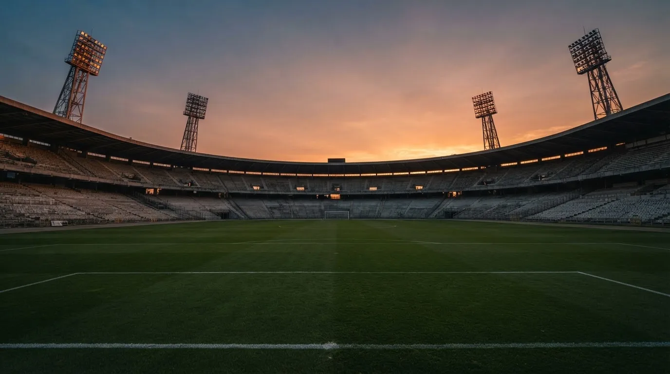 Un estadio de fútbol vacío con torres de iluminación al atardecer