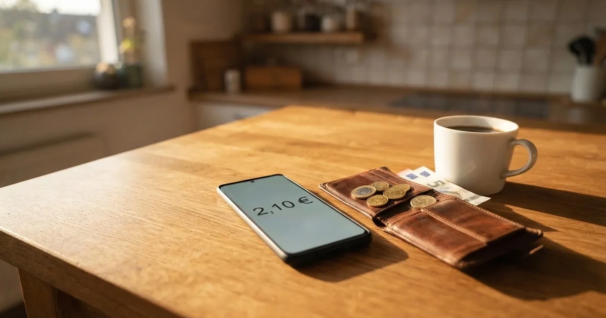 Un móvil sobre una mesa de madera junto a una cartera y una taza de café