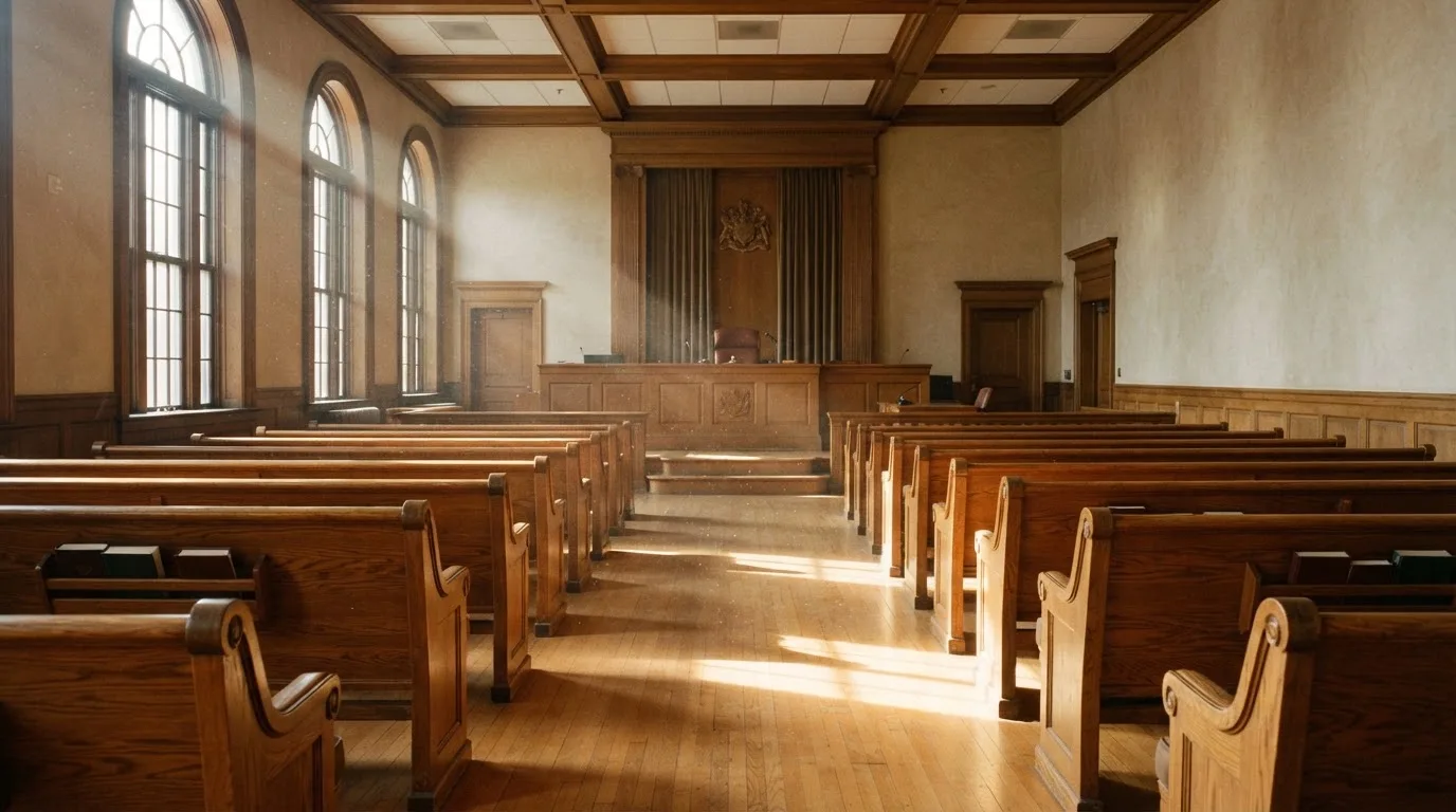 Una sala de tribunal vacía con bancos de madera a la luz de la mañana