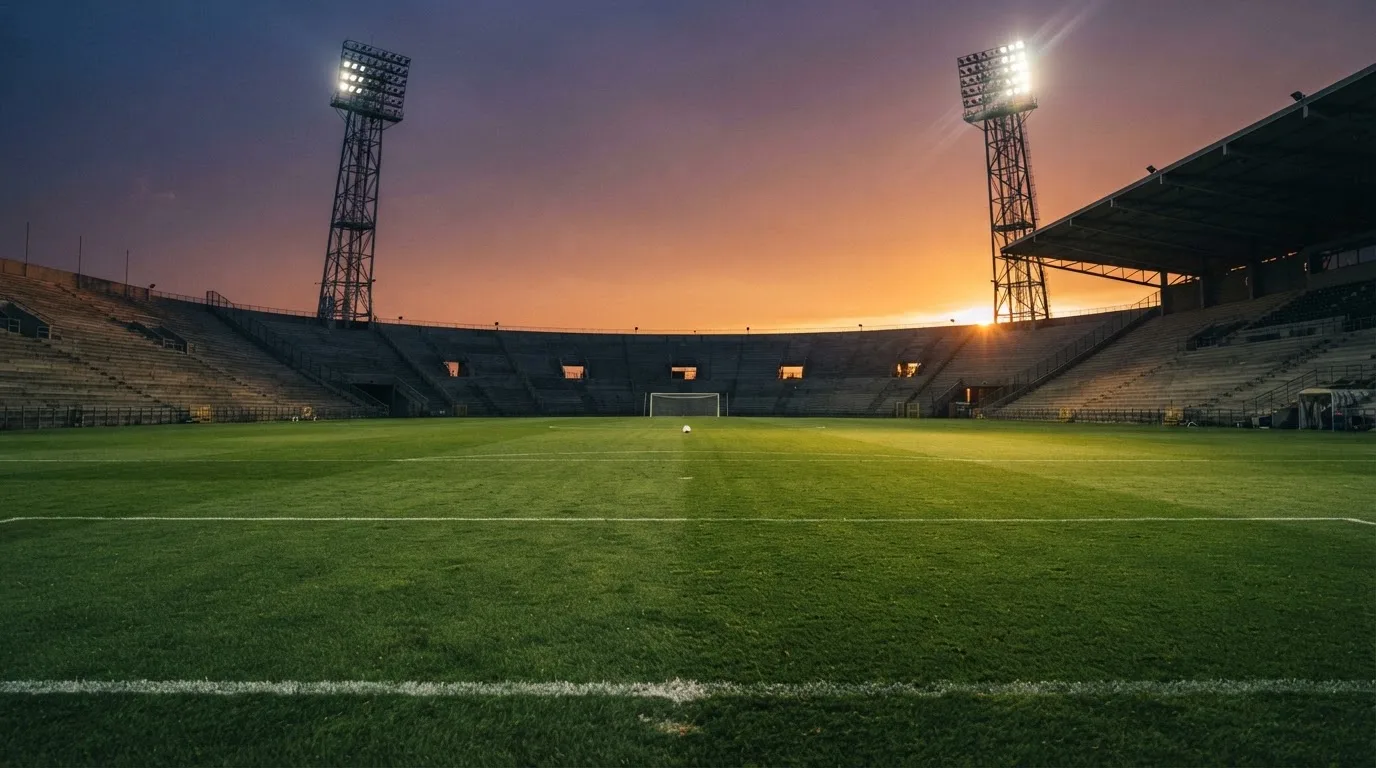 Un estadio de fútbol vacío con torres de iluminación al atardecer