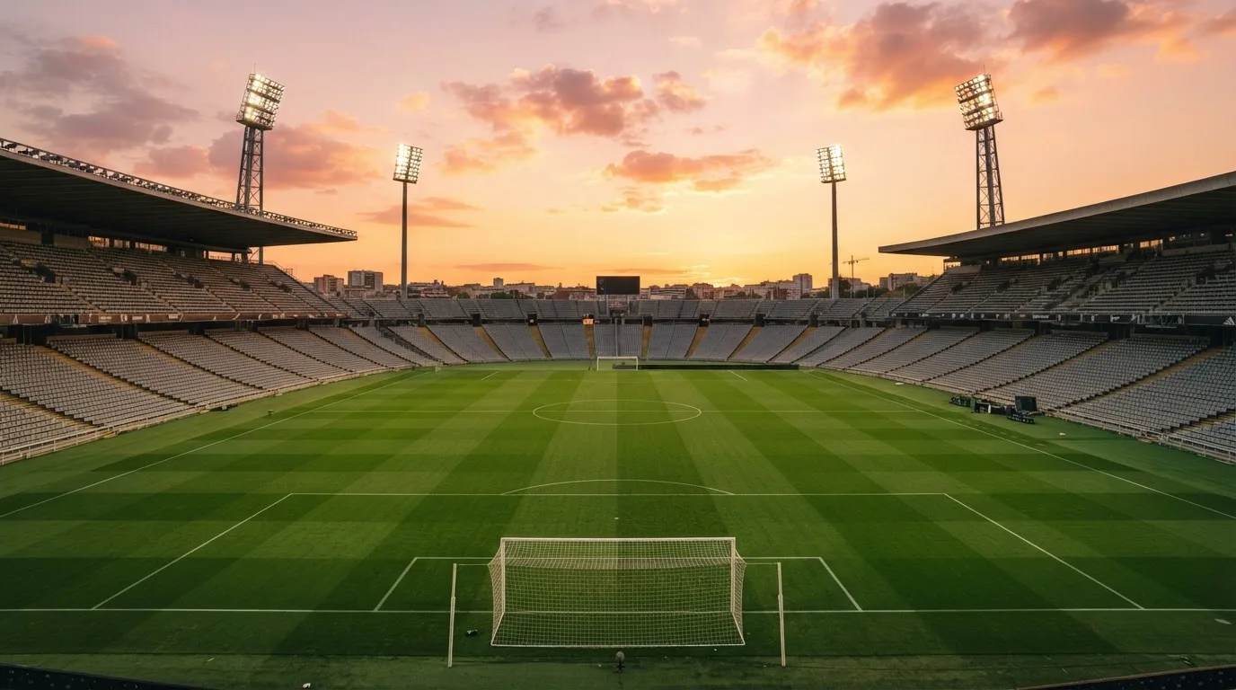 Un estadio de fútbol vacío con torres de iluminación al atardecer