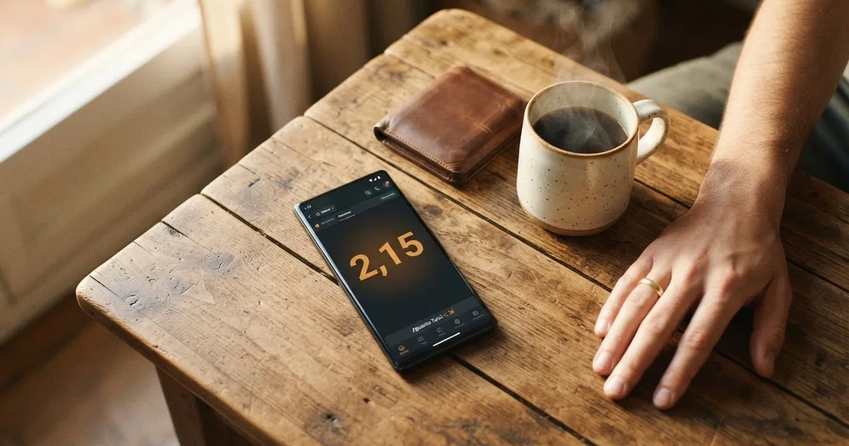 Un móvil sobre una mesa de madera junto a una cartera y una taza de café