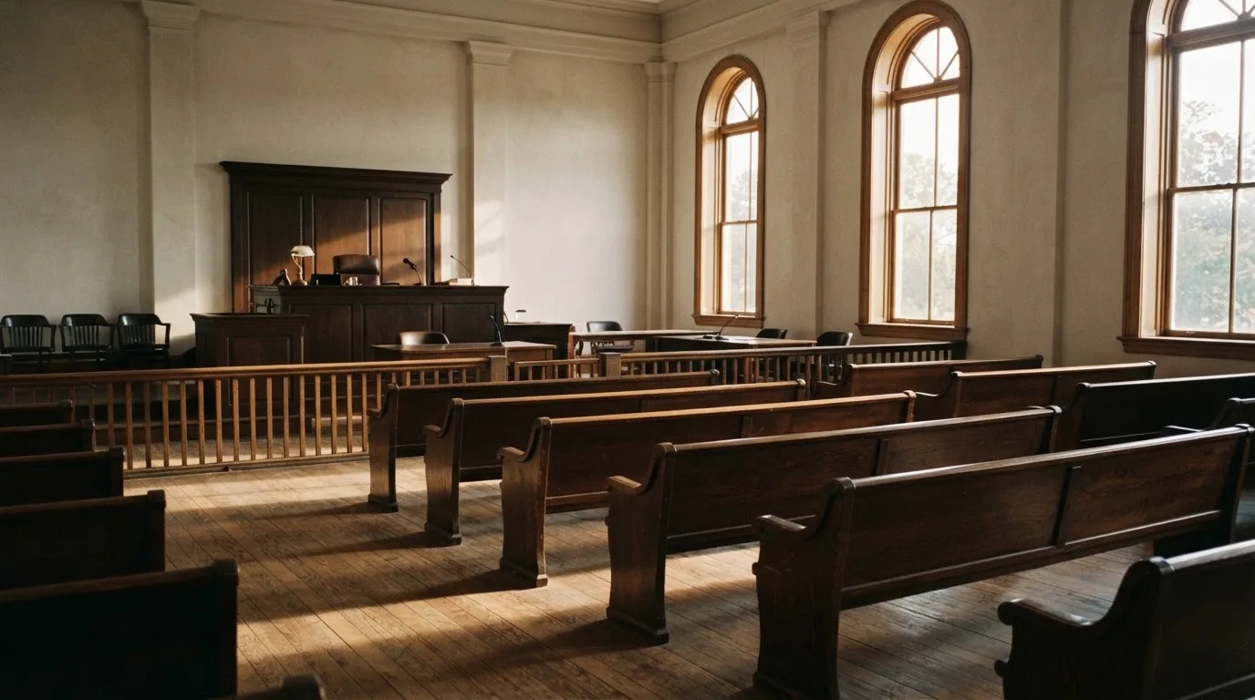 Una sala de tribunal vacía con bancos de madera a la luz de la mañana
