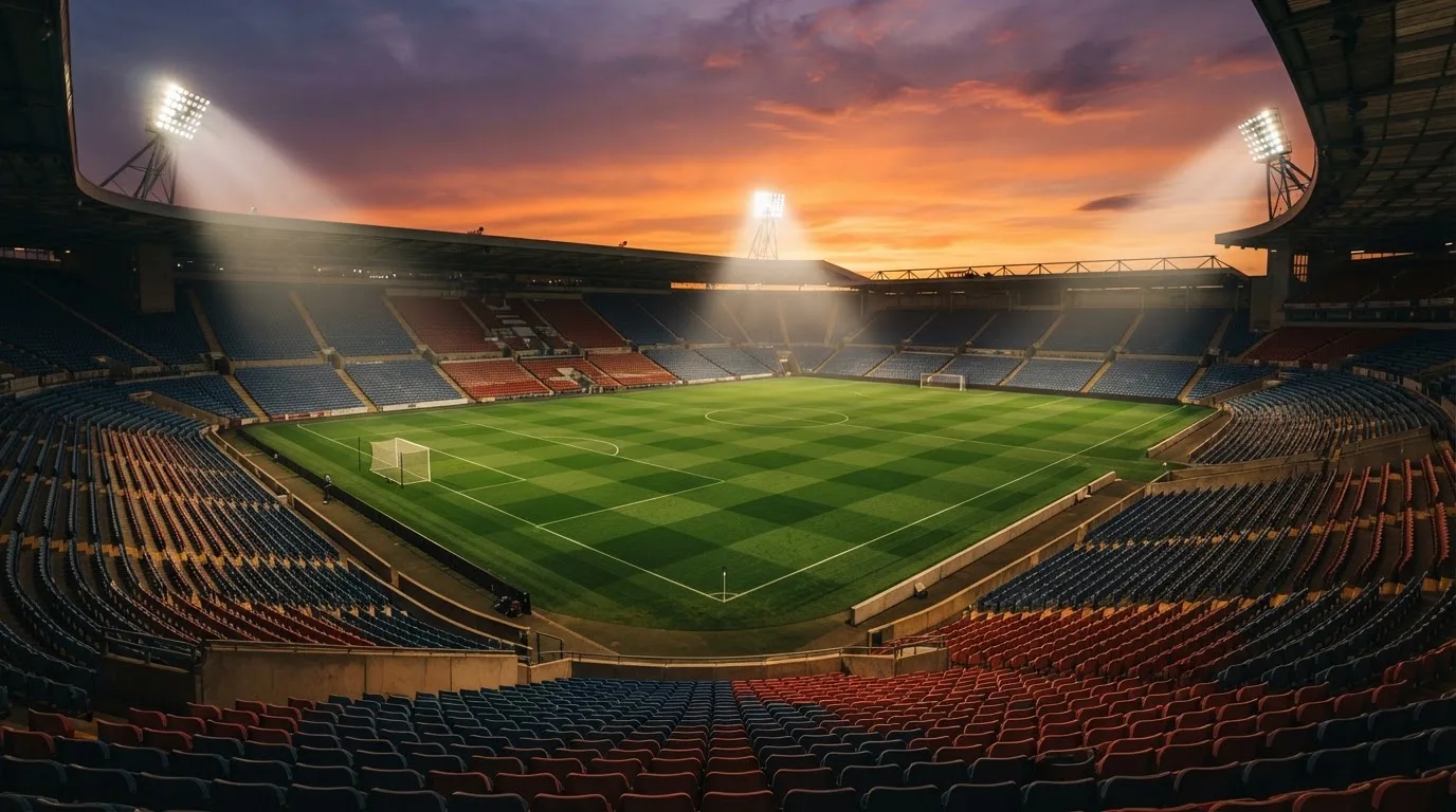 Un estadio de fútbol vacío con torres de iluminación al atardecer