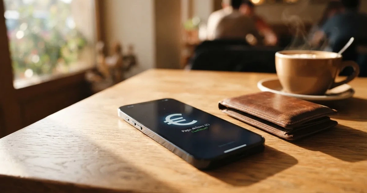 Un móvil sobre una mesa de madera junto a una cartera y una taza de café