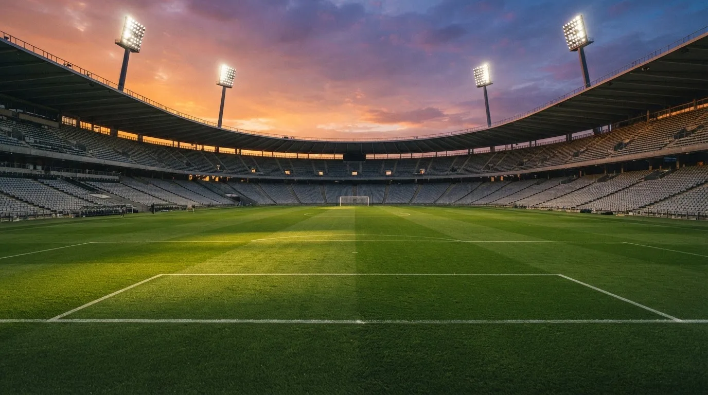 Un estadio de fútbol vacío con torres de iluminación al atardecer
