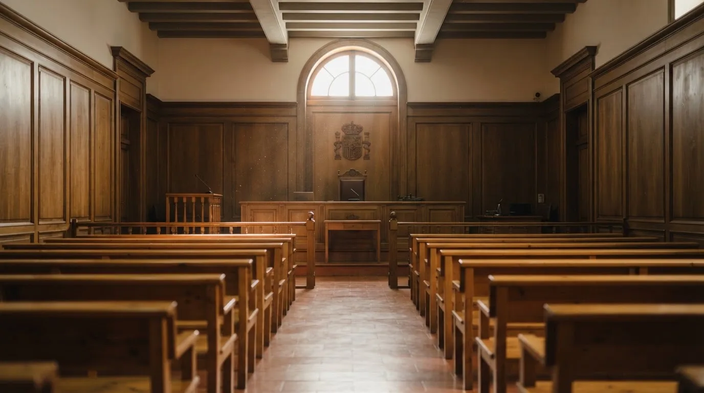 Una sala de tribunal vacía con bancos de madera a la luz de la mañana