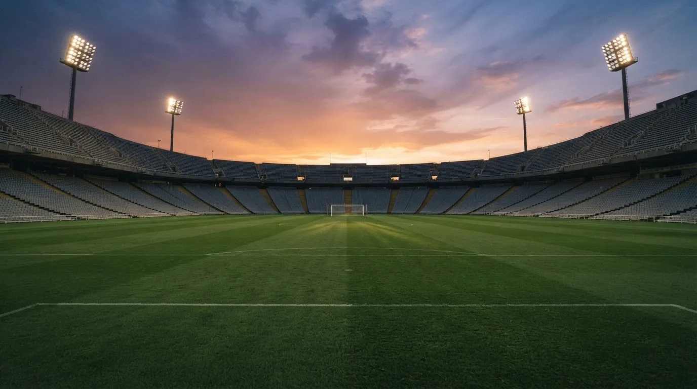 Un estadio de fútbol vacío con torres de iluminación al atardecer