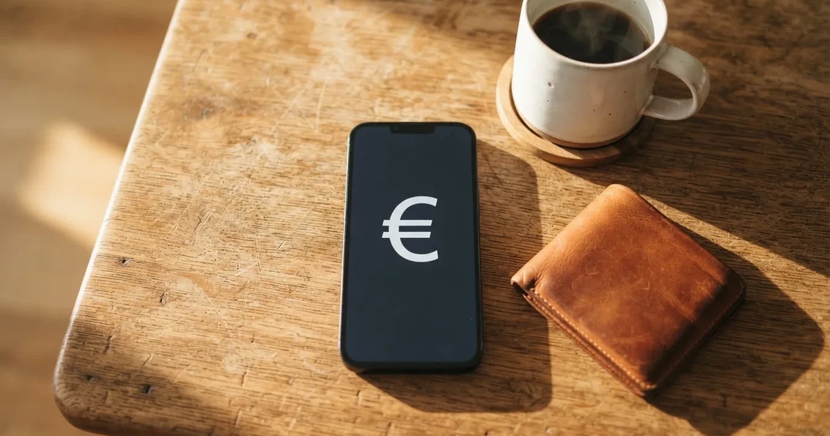Un móvil sobre una mesa de madera junto a una cartera y una taza de café