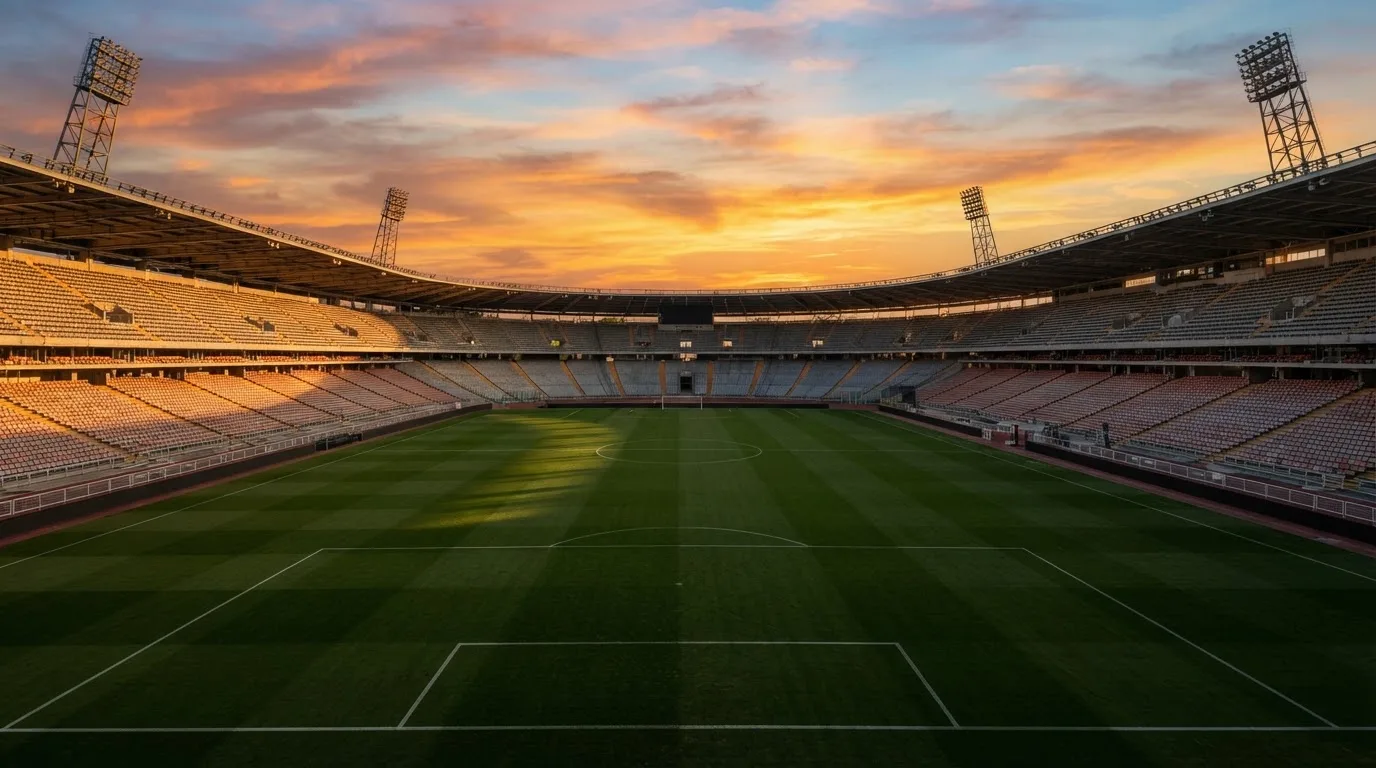 Un estadio de fútbol vacío con torres de iluminación al atardecer