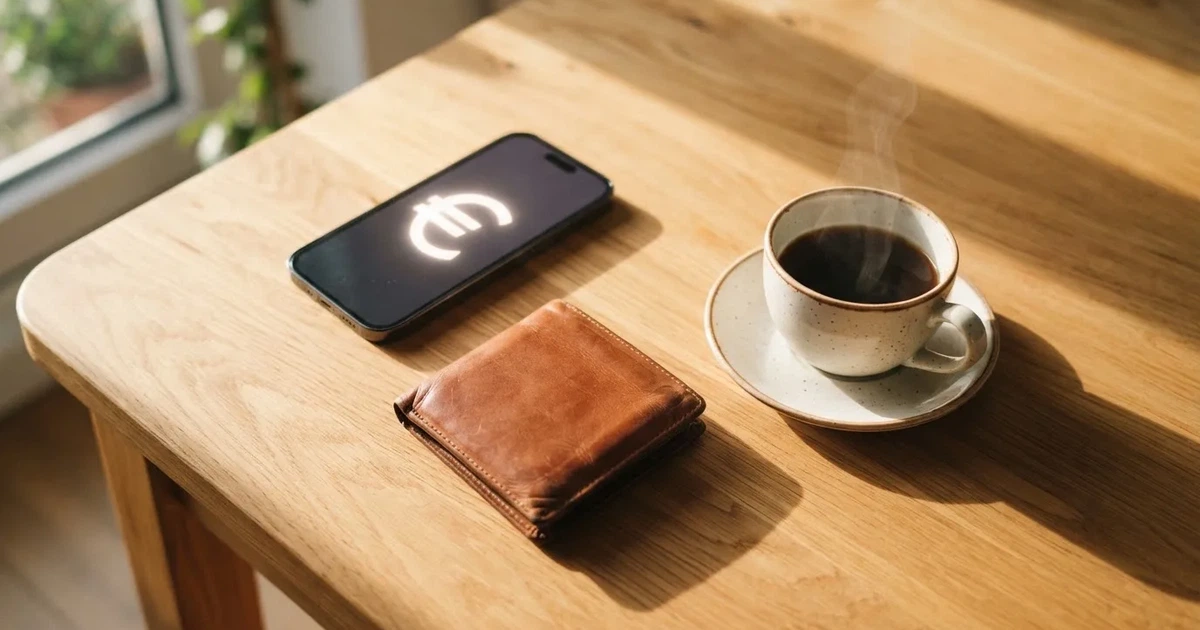 Un móvil sobre una mesa de madera junto a una cartera y una taza de café