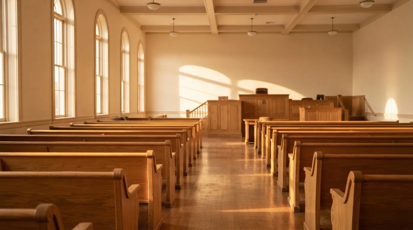 Una sala de tribunal vacía con bancos de madera a la luz de la mañana