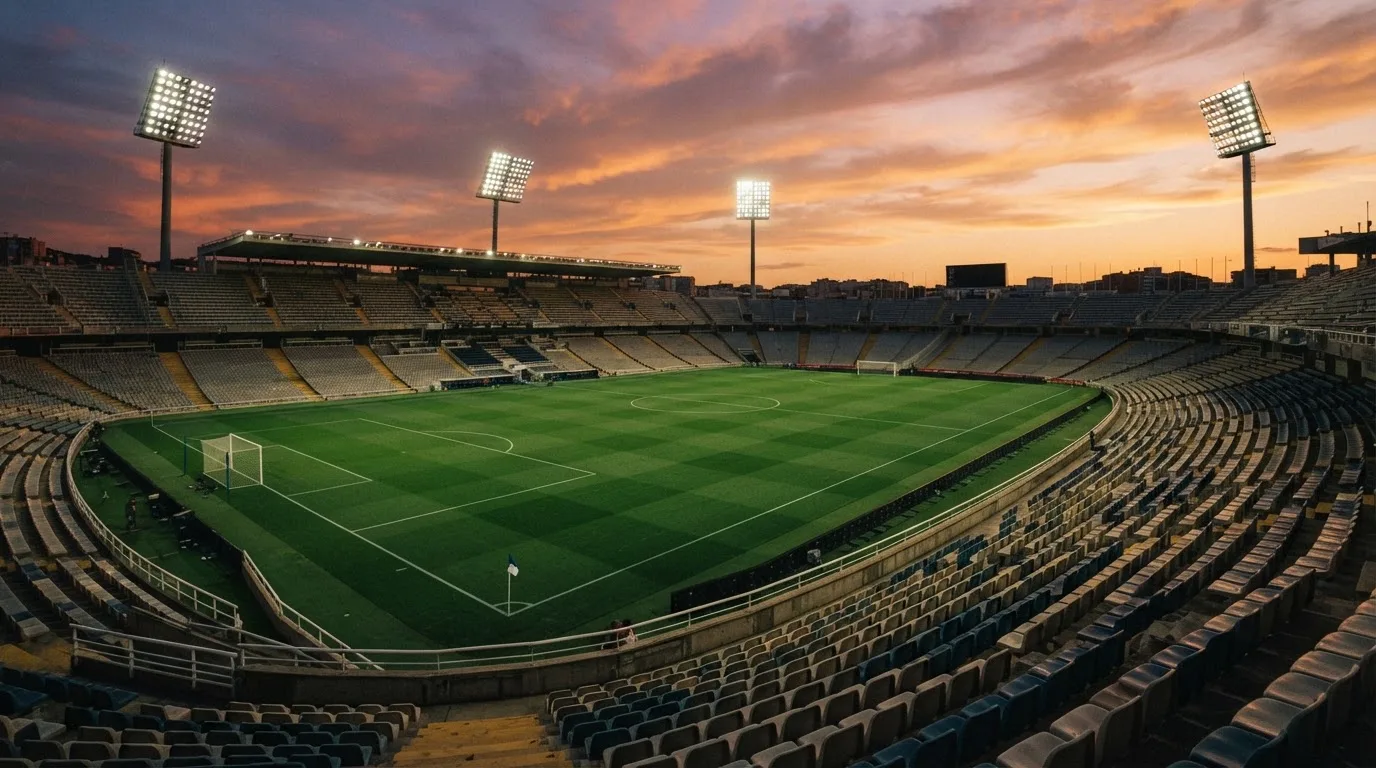 Un estadio de fútbol vacío con torres de iluminación al atardecer