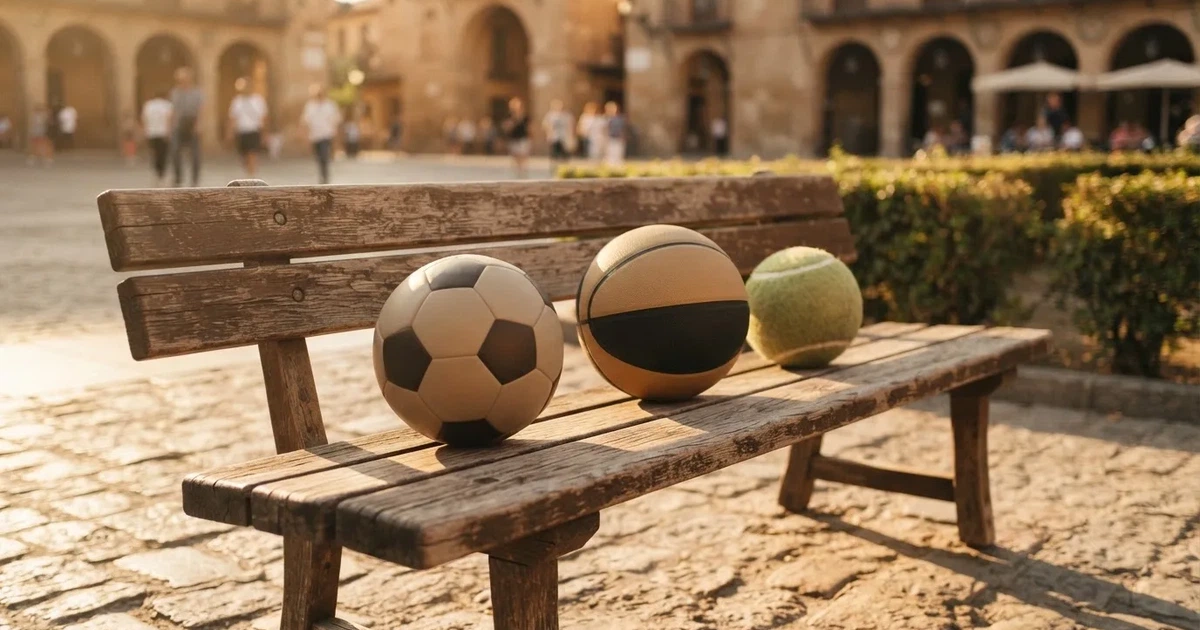Tres balones de distintos tipos, uno junto a otro, sobre un banco de madera