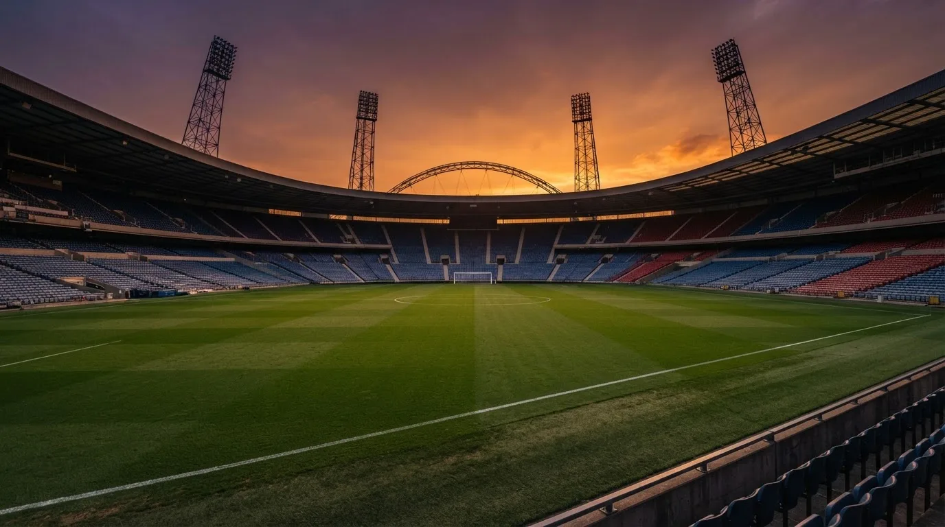 Un estadio de fútbol vacío con torres de iluminación al atardecer