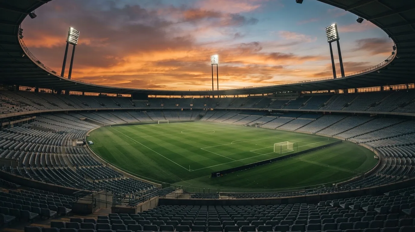 Un estadio de fútbol vacío con torres de iluminación al atardecer