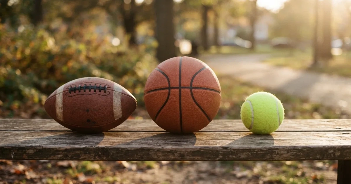 Tres balones de distintos tipos, uno junto a otro, sobre un banco de madera