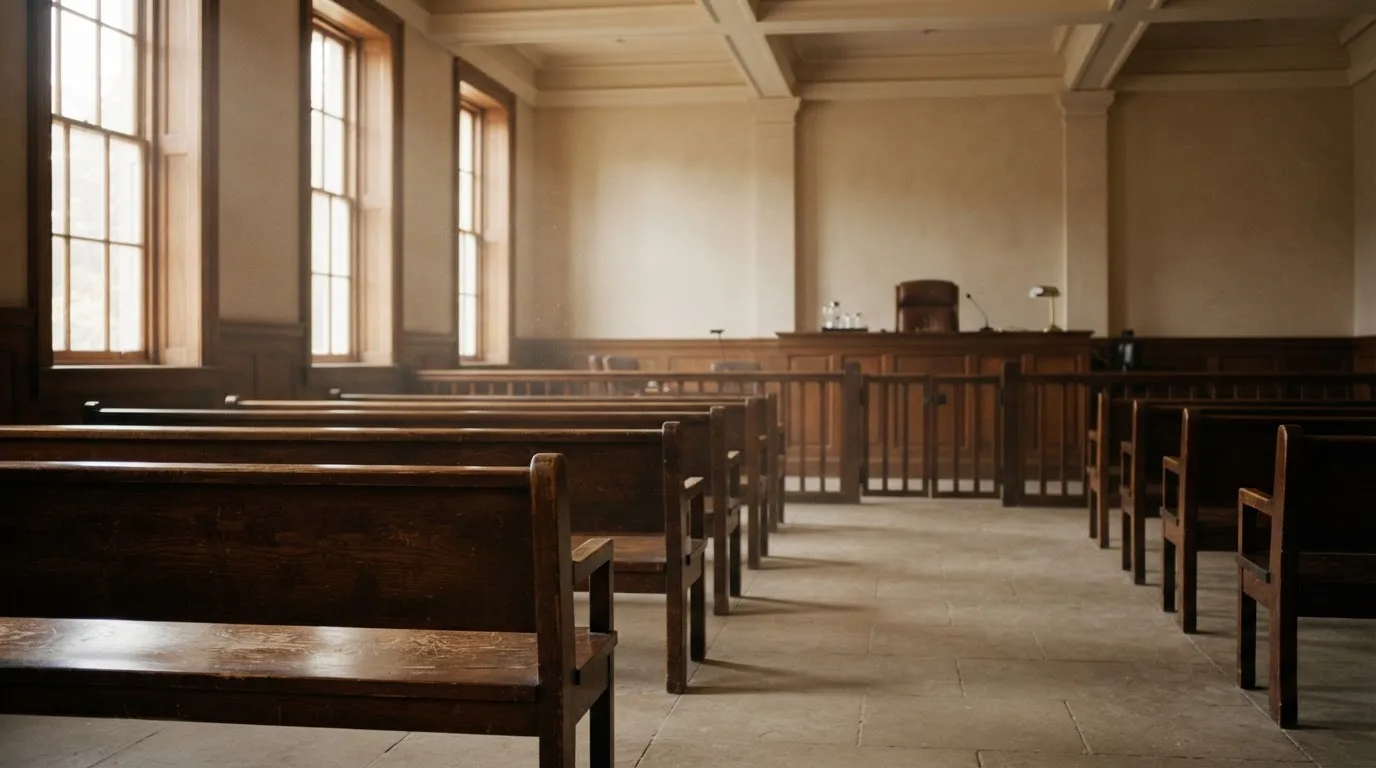 Una sala de tribunal vacía con bancos de madera a la luz de la mañana