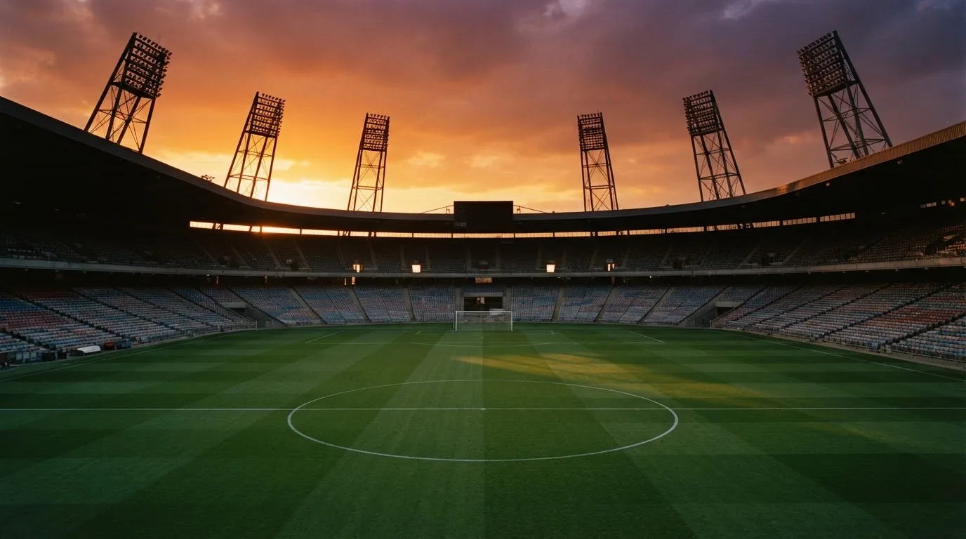 Un estadio de fútbol vacío con torres de iluminación al atardecer
