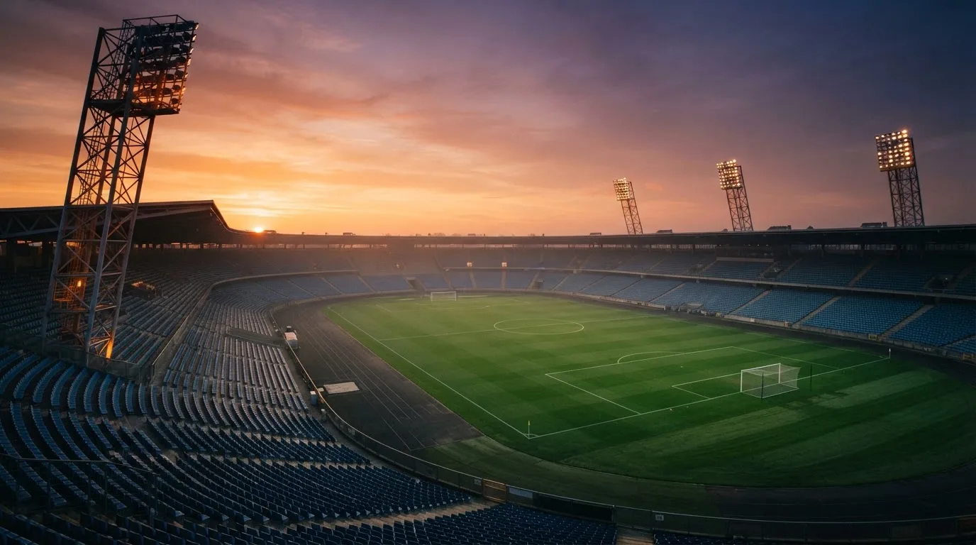 Un estadio de fútbol vacío con torres de iluminación al atardecer