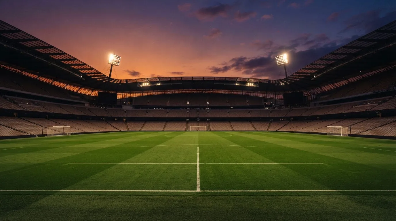 Un estadio de fútbol vacío con torres de iluminación al atardecer