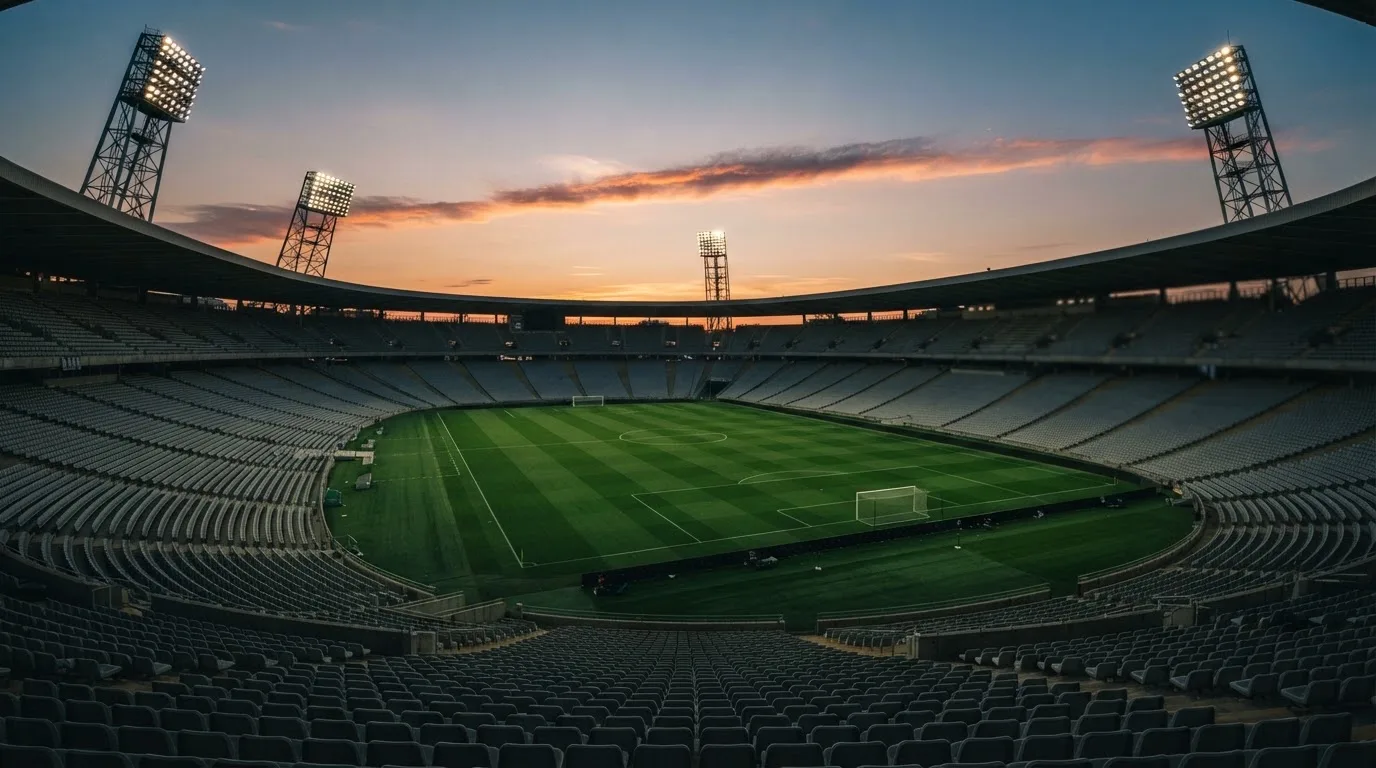Un estadio de fútbol vacío con torres de iluminación al atardecer