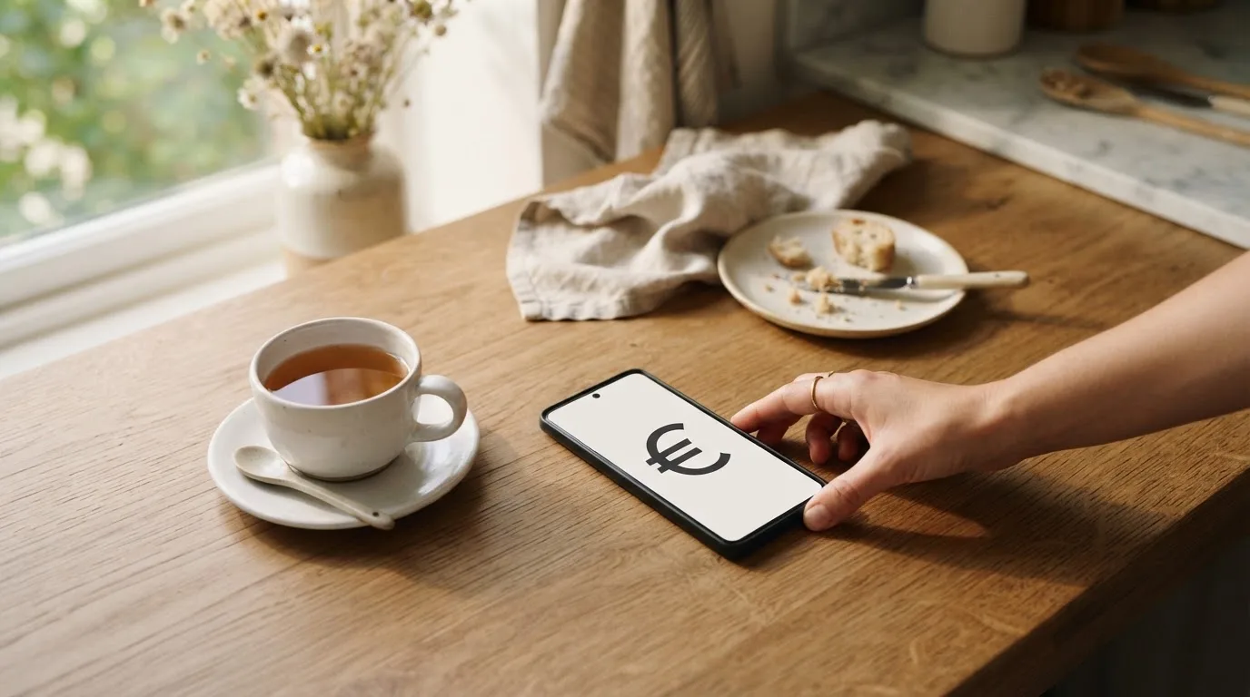 Una mano deja un móvil junto a una taza de té sobre la mesa de la cocina, una tarde tranquila