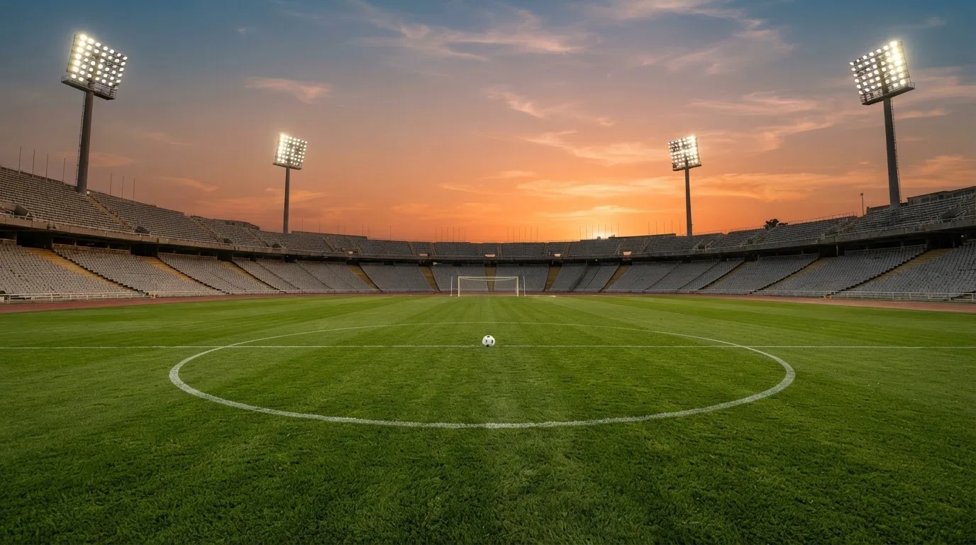 Un estadio de fútbol vacío con torres de iluminación al atardecer
