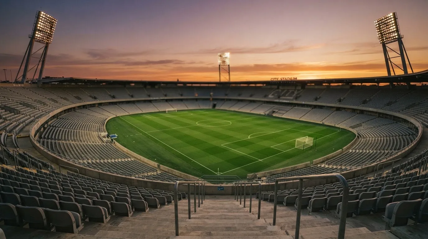 Un estadio de fútbol vacío con torres de iluminación al atardecer