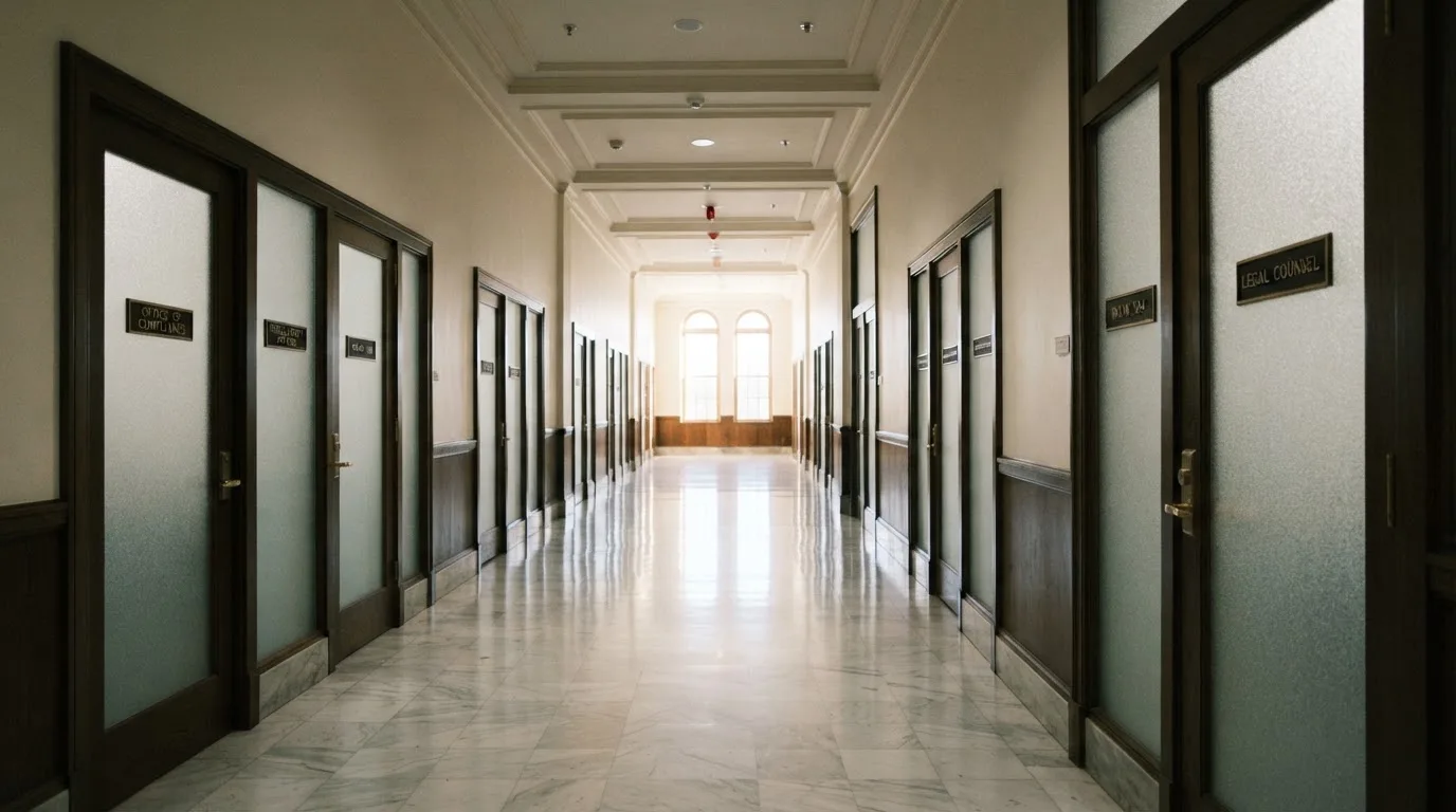 Una sala de tribunal vacía con bancos de madera a la luz de la mañana