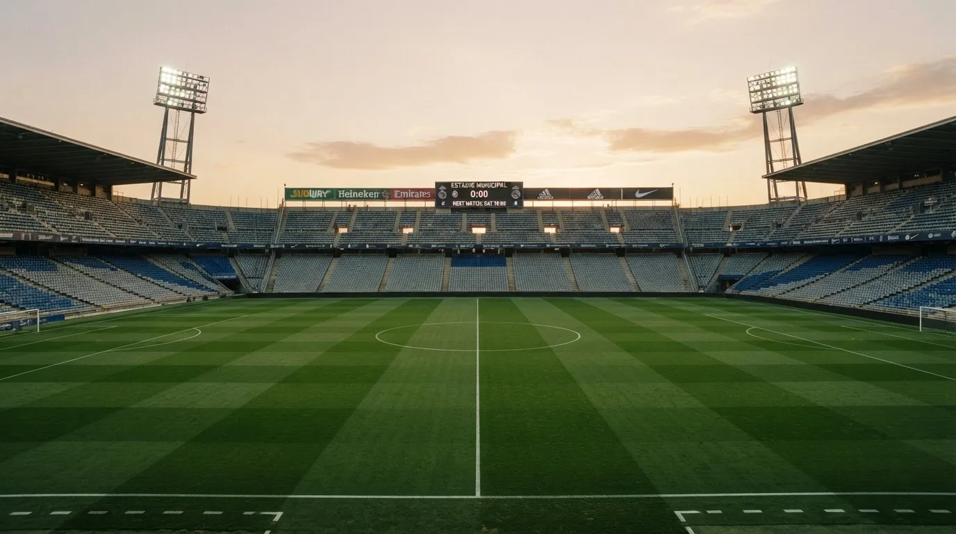 Un estadio de fútbol vacío con torres de iluminación al atardecer