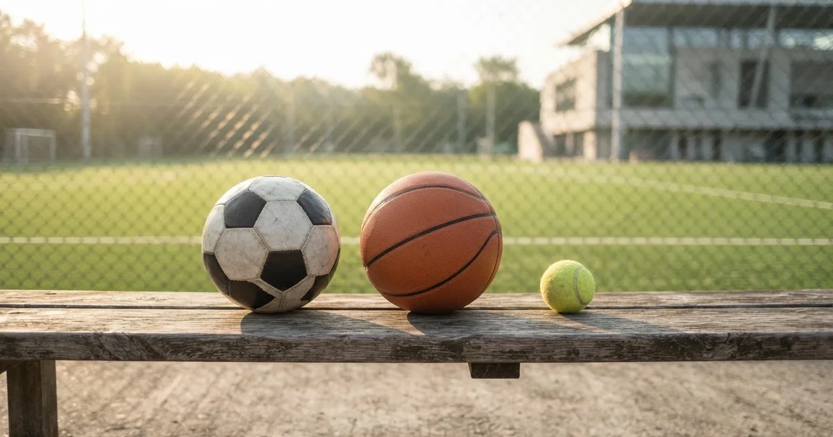 Tres balones de distintos tipos, uno junto a otro, sobre un banco de madera