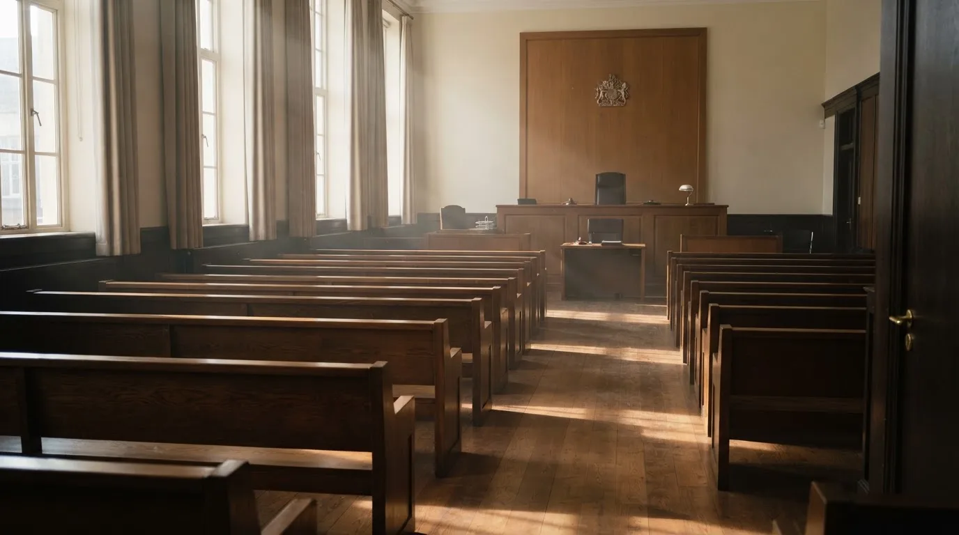 Una sala de tribunal vacía con bancos de madera a la luz de la mañana