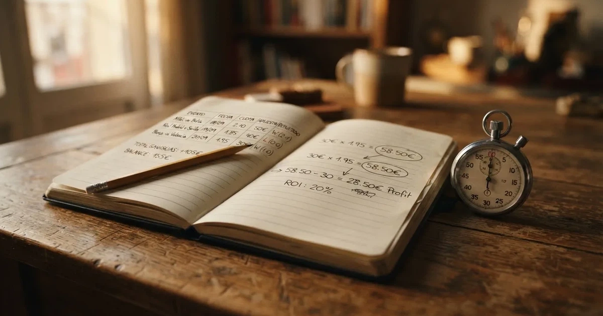 Un cuaderno abierto con un lápiz y un cronómetro sobre una mesa de madera