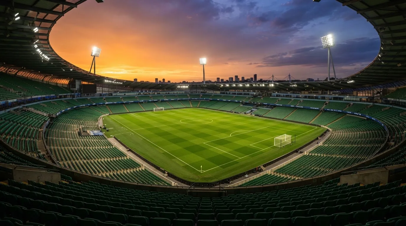 Un estadio de fútbol vacío con torres de iluminación al atardecer