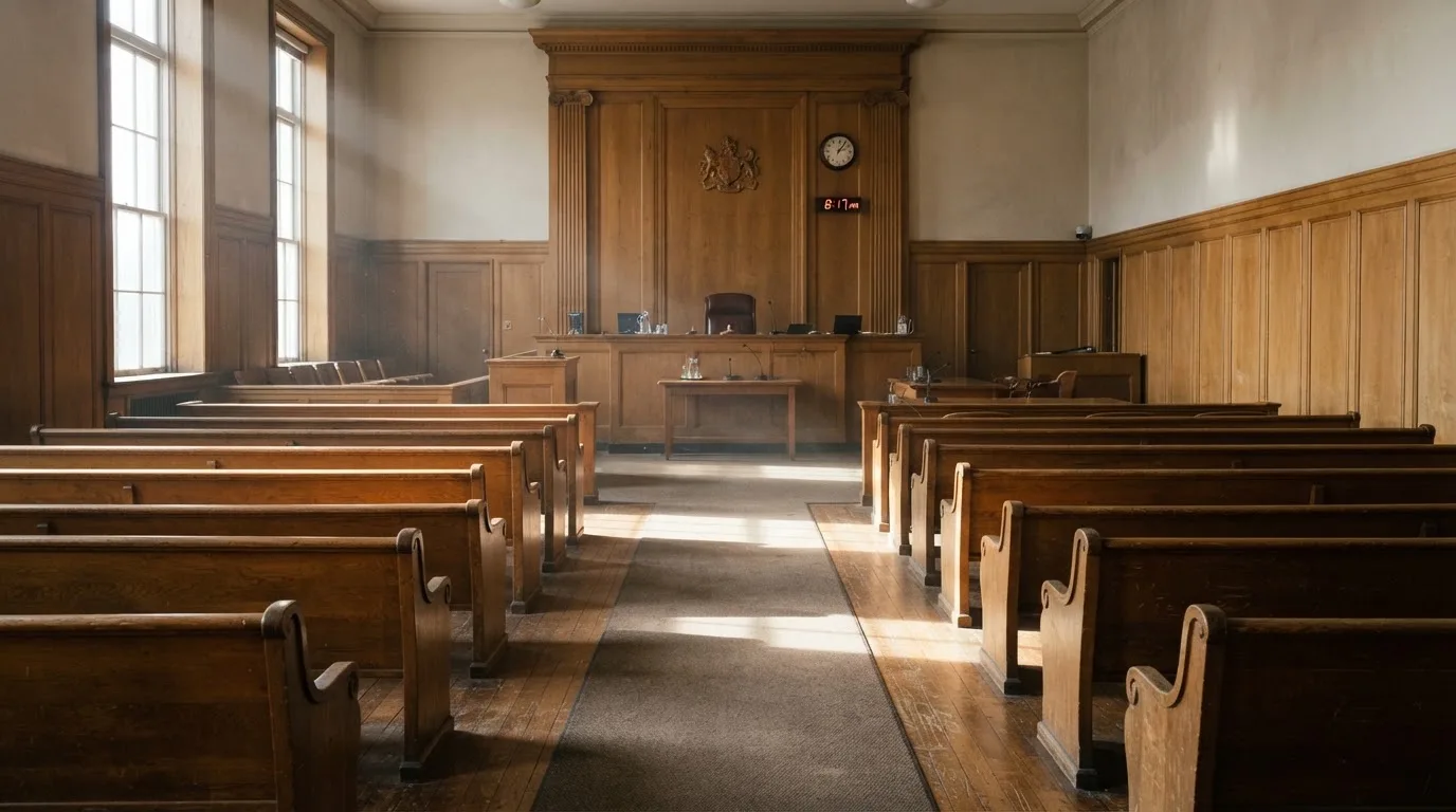 Una sala de tribunal vacía con bancos de madera a la luz de la mañana