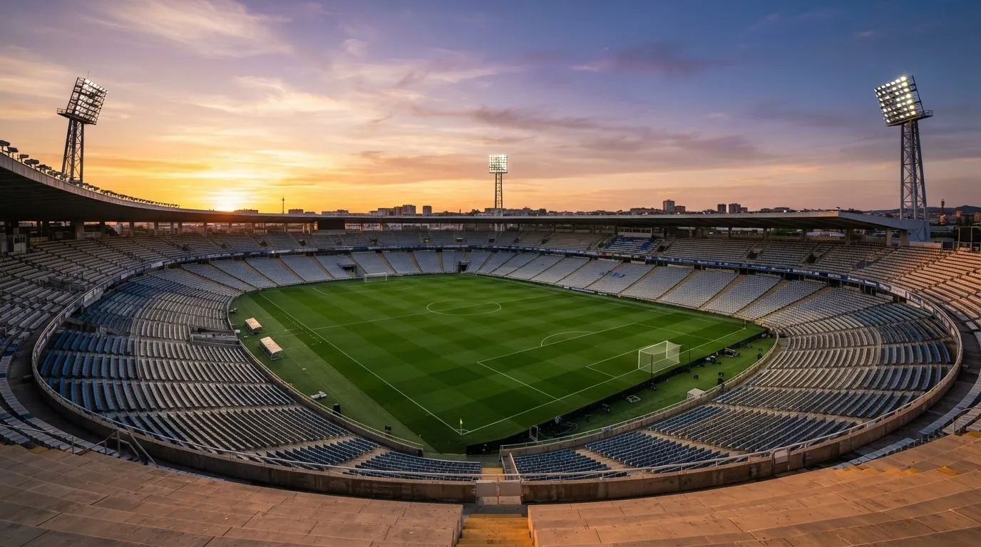 Un estadio de fútbol vacío con torres de iluminación al atardecer
