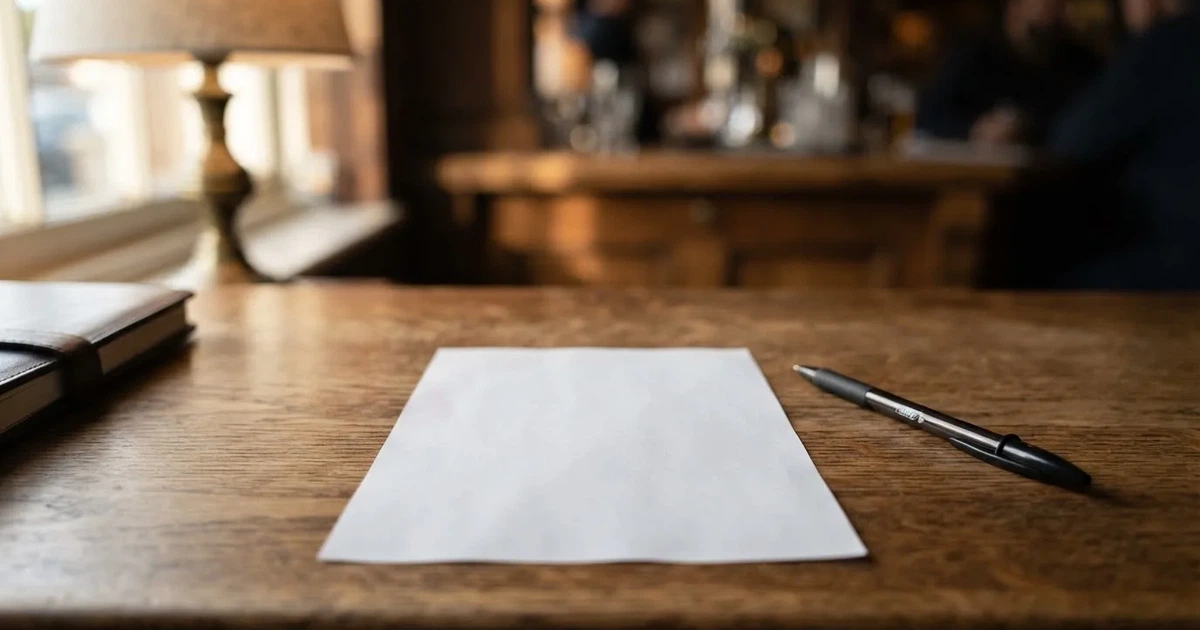 Un boleto de papel en blanco junto a un bolígrafo sobre un mostrador de madera