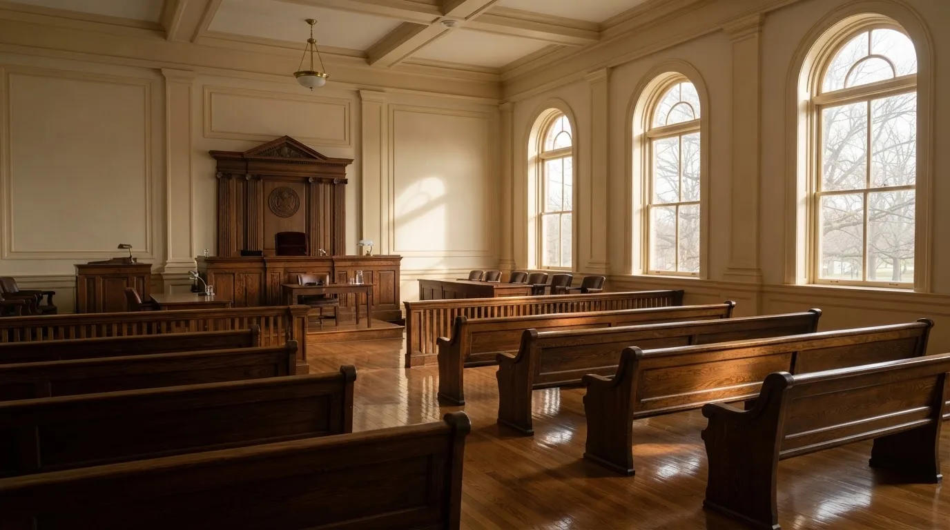 Una sala de tribunal vacía con bancos de madera a la luz de la mañana