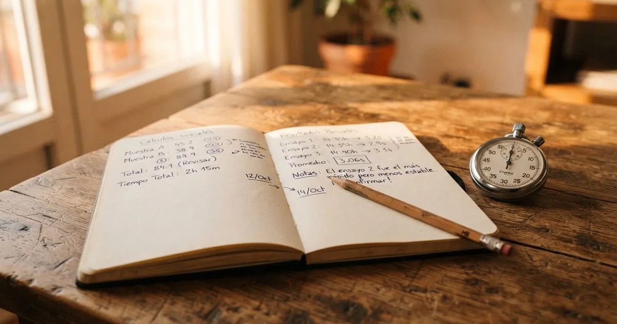 Un cuaderno abierto con un lápiz y un cronómetro sobre una mesa de madera
