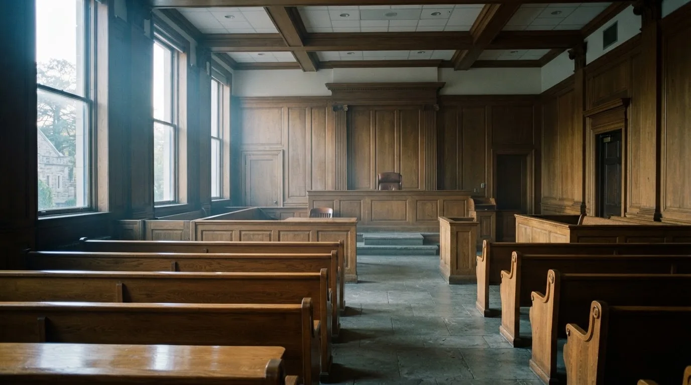 Una sala de tribunal vacía con bancos de madera a la luz de la mañana