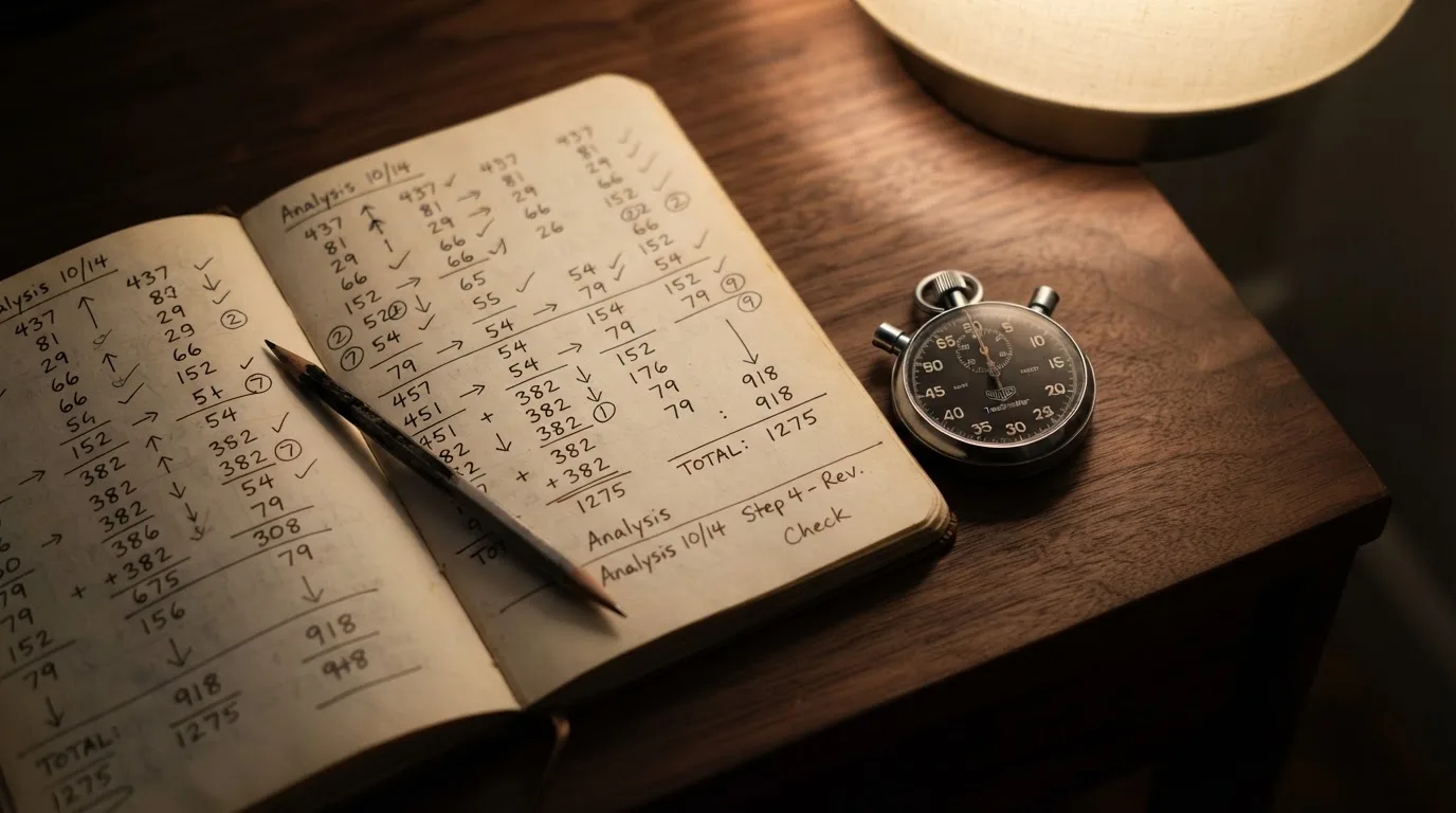 Un cuaderno abierto con un lápiz y un cronómetro sobre una mesa de madera