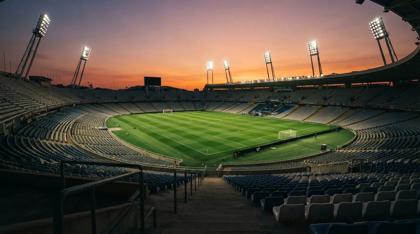 Un estadio de fútbol vacío con torres de iluminación al atardecer