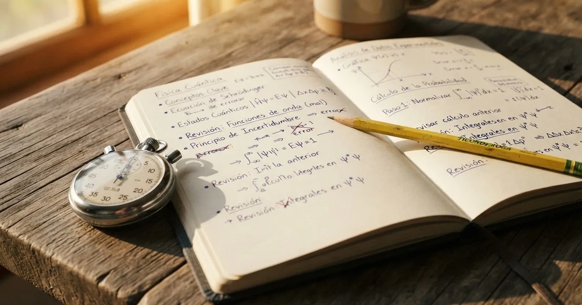 Un cuaderno abierto con un lápiz y un cronómetro sobre una mesa de madera