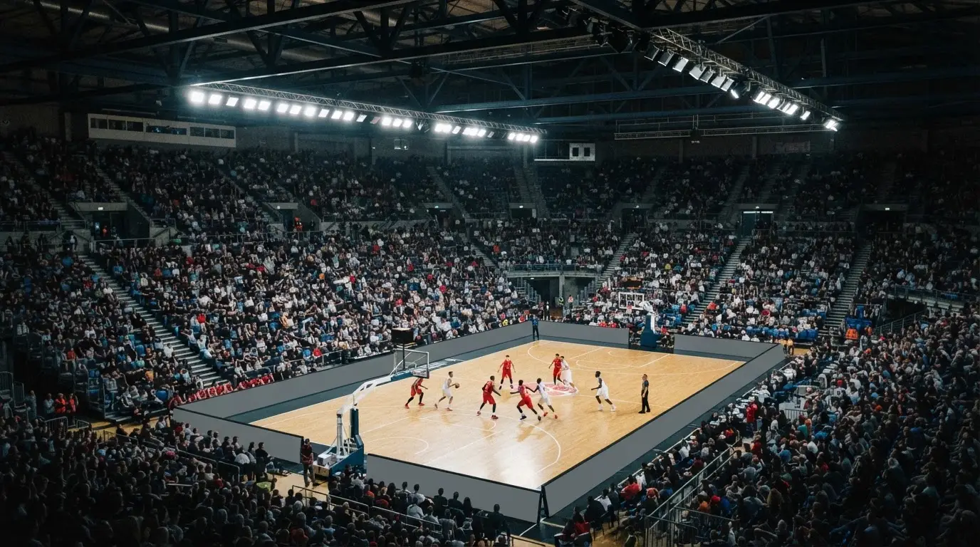 Un pabellón deportivo lleno bajo los focos, fotografiado desde muy lejos