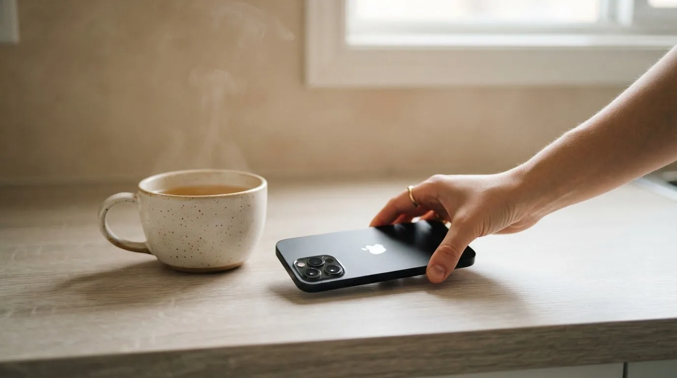 Una mano deja un móvil junto a una taza de té sobre la mesa de la cocina, una tarde tranquila