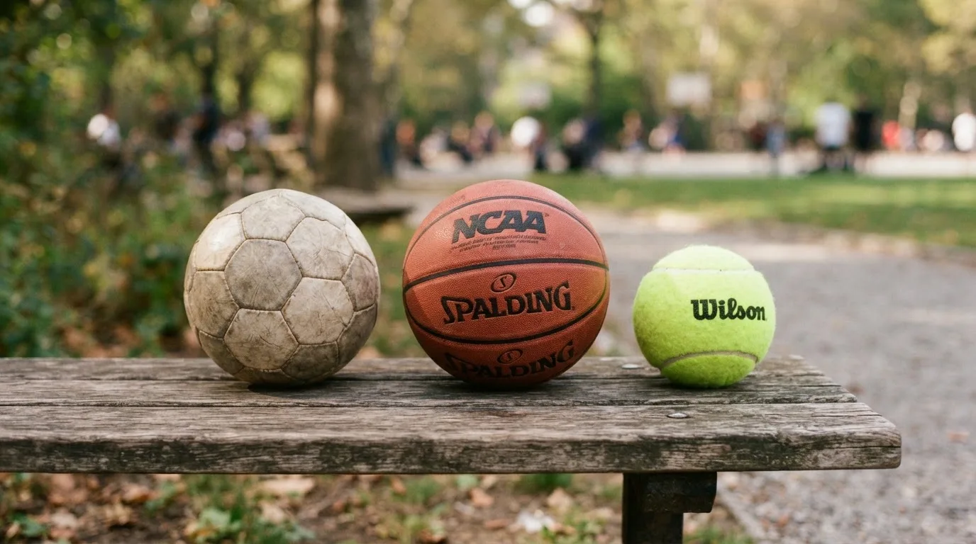 Tres balones de distintos tipos, uno junto a otro, sobre un banco de madera
