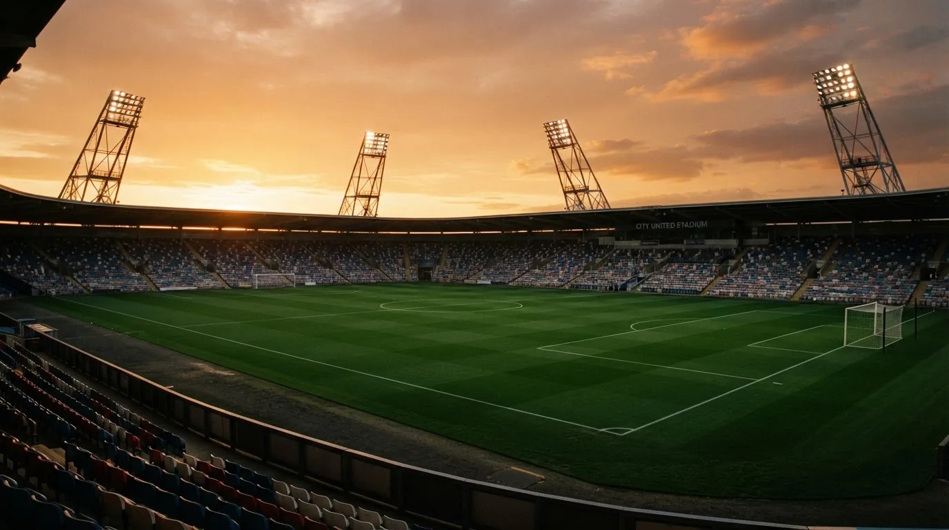 Un estadio de fútbol vacío con torres de iluminación al atardecer