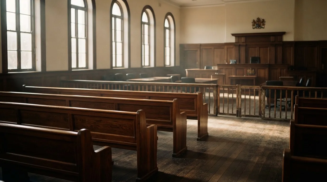 Una sala de tribunal vacía con bancos de madera a la luz de la mañana