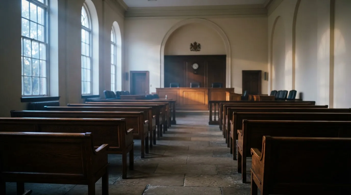 Una sala de tribunal vacía con bancos de madera a la luz de la mañana